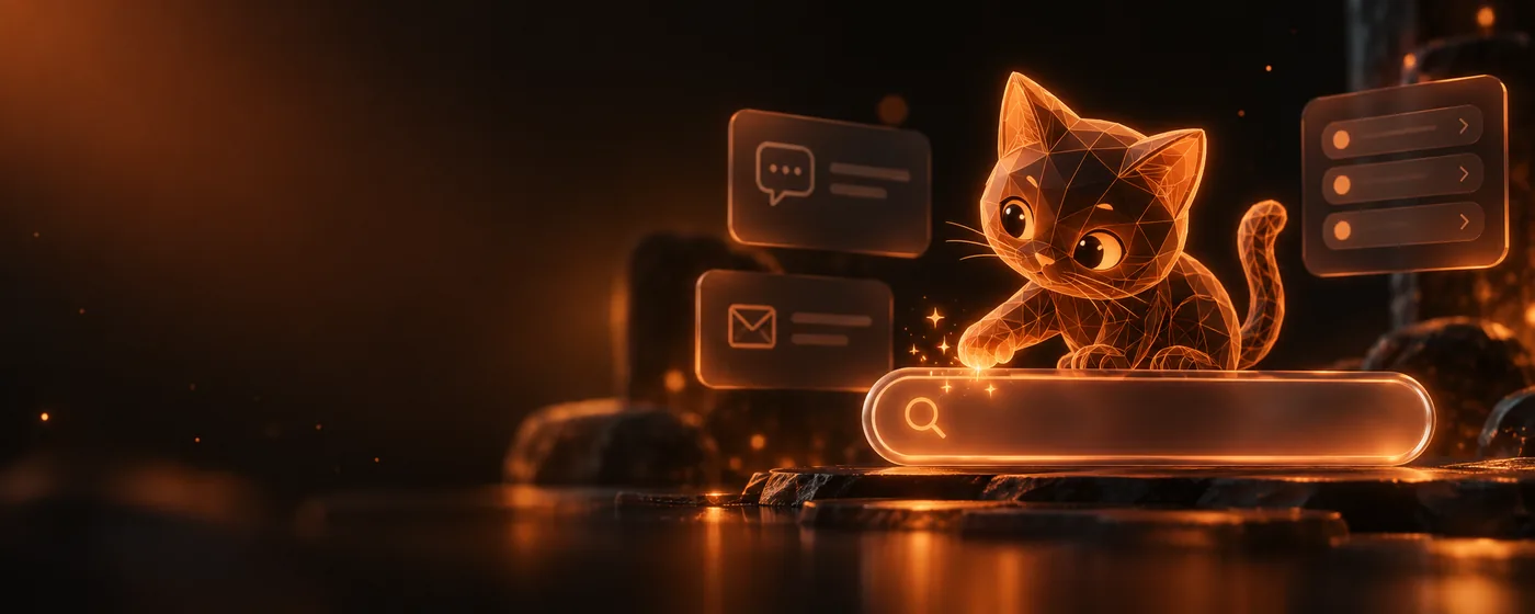 A glowing wireframe KittyHome cat, the mascot of the writing assistant