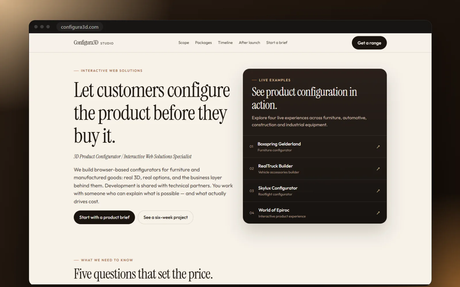 The Configura3D studio website: "Let customers configure the product before they buy it", with four live examples