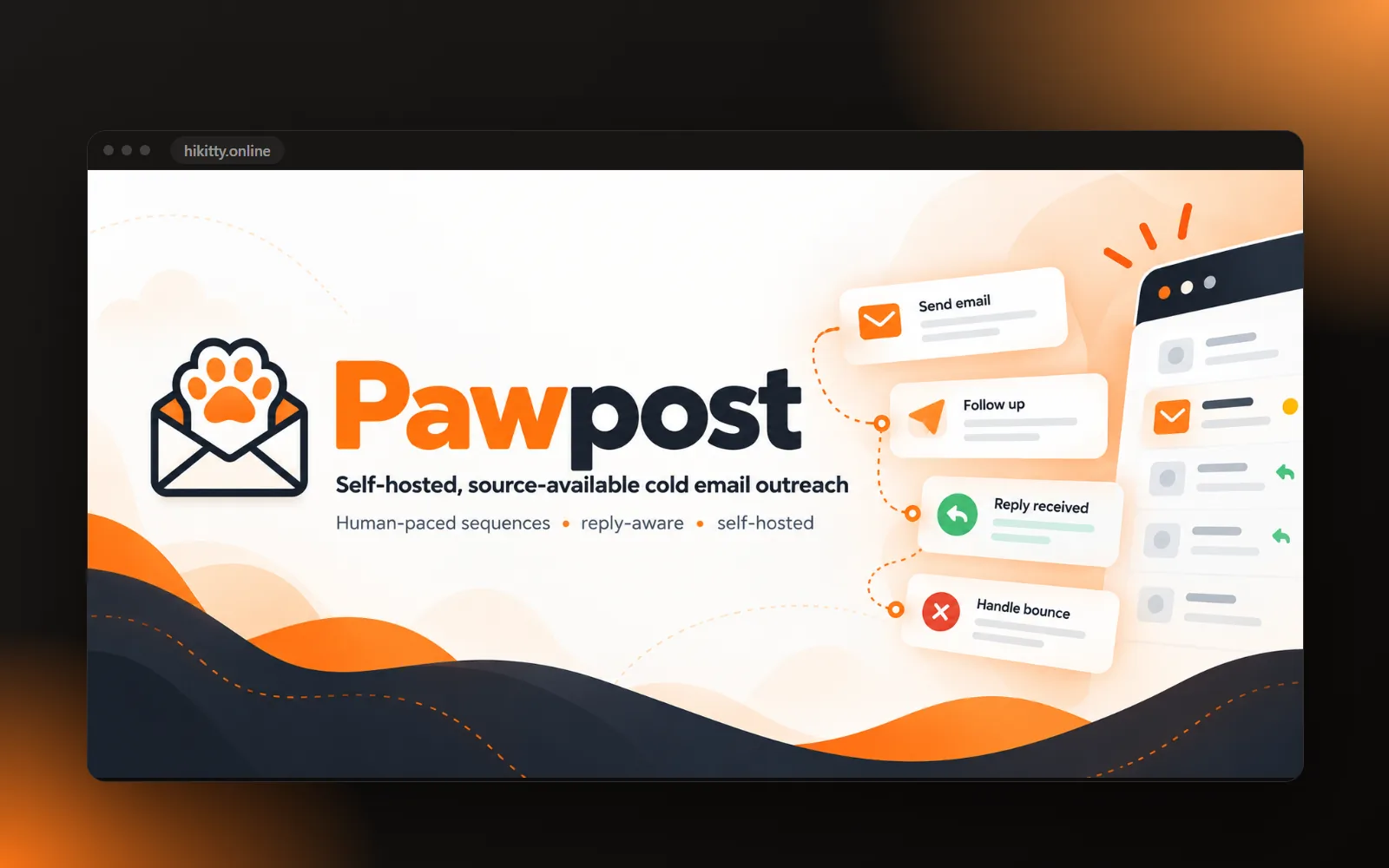 Pawpost's banner: an envelope with a paw print, and a sequence of send, follow up, reply received and handle bounce